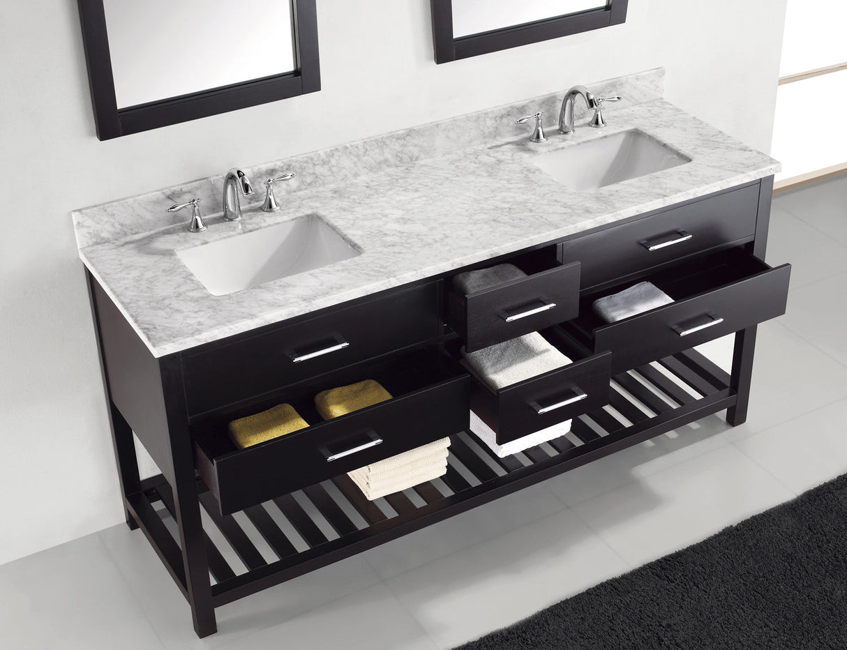 Virtu USA Caroline Estate 72" Double Bath Vanity with White Marble Top and Square Sinks with Polished Chrome Faucets with Matching Mirrors