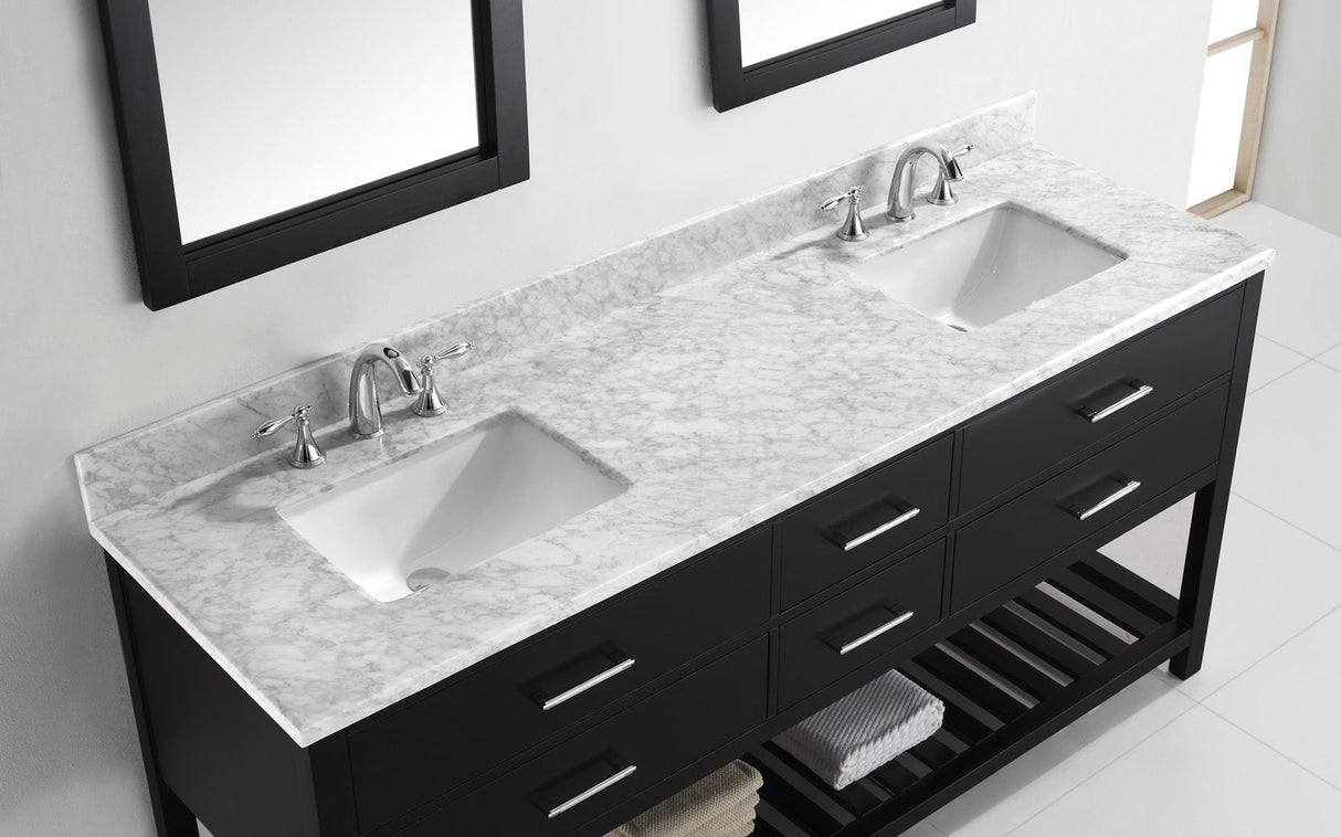 Virtu USA Caroline Estate 72" Double Bath Vanity with White Marble Top and Square Sinks with Polished Chrome Faucets with Matching Mirrors