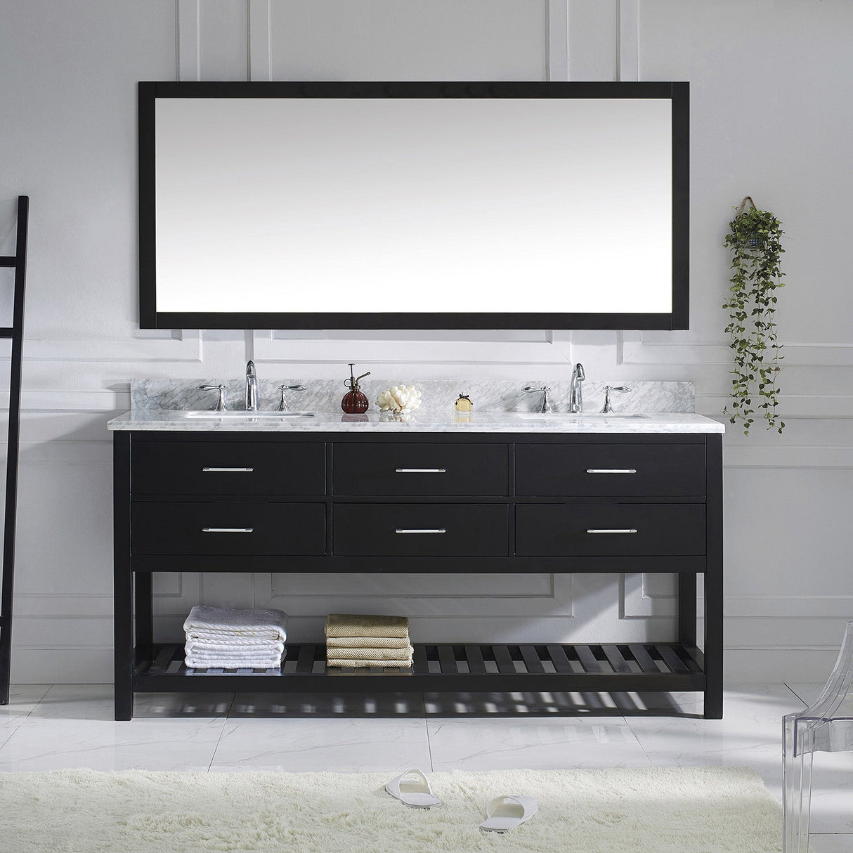Virtu USA Caroline Estate 72" Double Bath Vanity with White Marble Top and Square Sinks with Polished Chrome Faucets with Matching Mirror