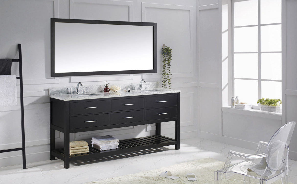 Virtu USA Caroline Estate 72" Double Bath Vanity with White Marble Top and Square Sinks with Polished Chrome Faucets with Matching Mirror