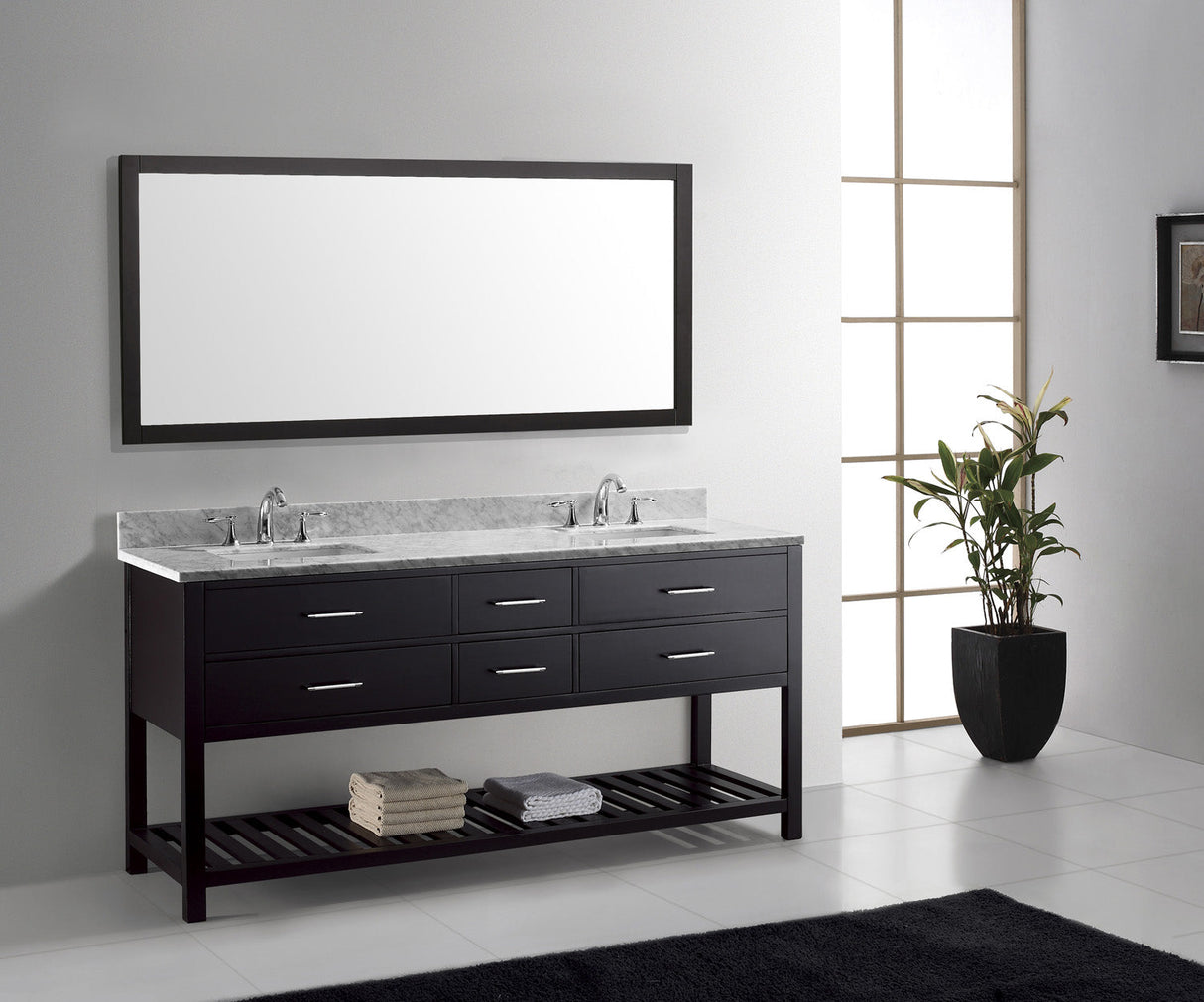 Virtu USA Caroline Estate 72" Double Bath Vanity with White Marble Top and Square Sinks with Polished Chrome Faucets with Matching Mirror