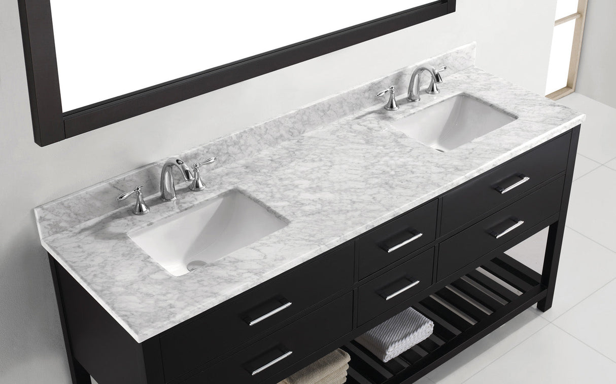 Virtu USA Caroline Estate 72" Double Bath Vanity with White Marble Top and Square Sinks with Polished Chrome Faucets with Matching Mirror