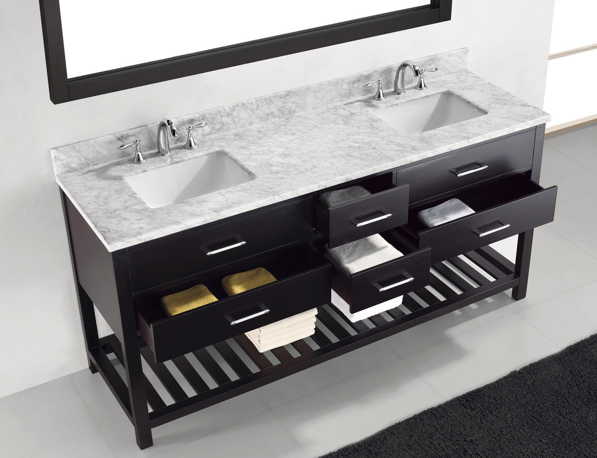 Virtu USA Caroline Estate 72" Double Bath Vanity with White Marble Top and Square Sinks with Polished Chrome Faucets with Matching Mirror