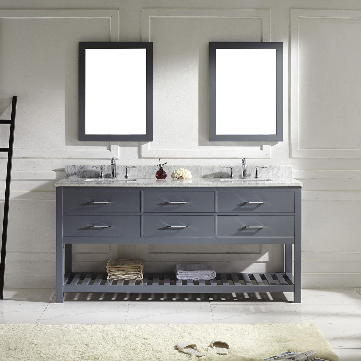 Virtu USA Caroline Estate 72" Double Bath Vanity with White Marble Top and Square Sinks with Brushed Nickel Faucets with Matching Mirrors