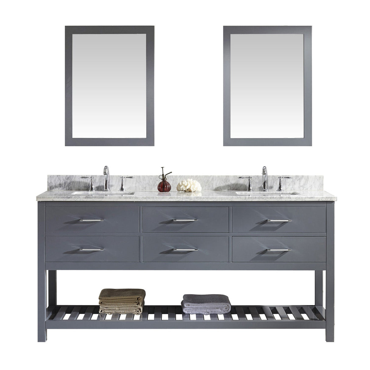 Virtu USA Caroline Estate 72" Double Bath Vanity with Marble Top and Square Sink with Brushed Nickel Faucet and Mirrors - Luxe Bathroom Vanities Luxury Bathroom Fixtures Bathroom Furniture