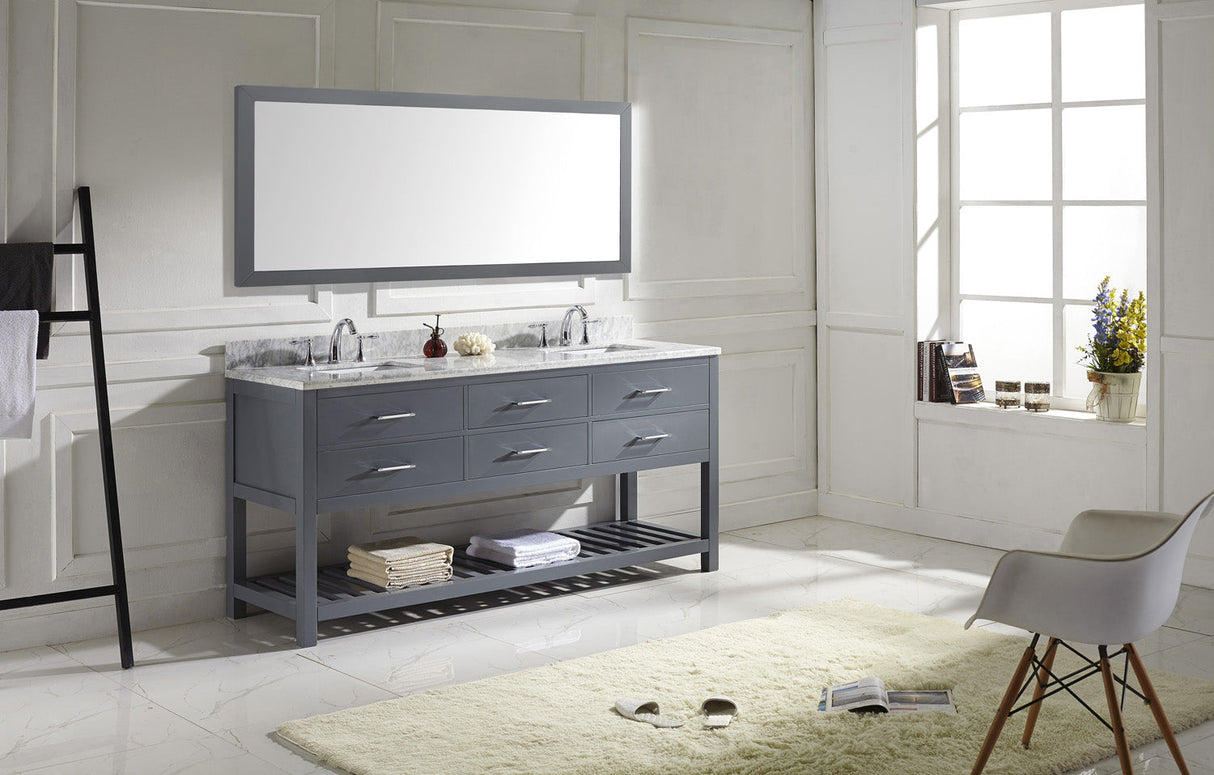 Virtu USA Caroline Estate 72" Double Bath Vanity with White Marble Top and Square Sinks with Brushed Nickel Faucets with Matching Mirror