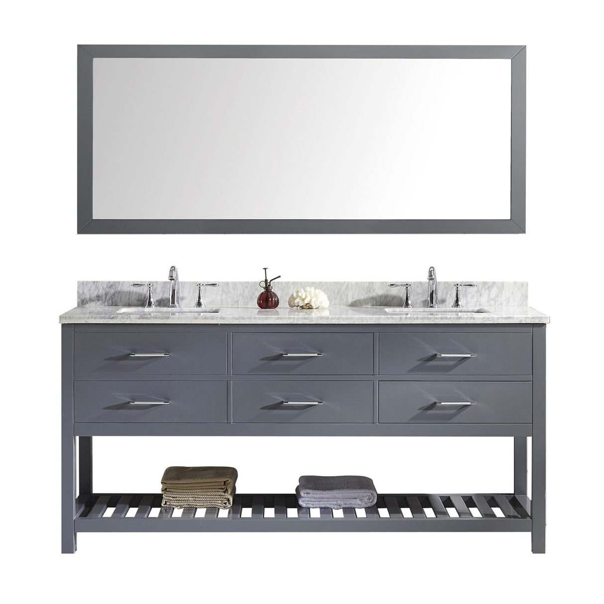 Virtu USA Caroline Estate 72" Double Bath Vanity with Marble Top and Square Sink with Brushed Nickel Faucet and Mirror - Luxe Bathroom Vanities Luxury Bathroom Fixtures Bathroom Furniture