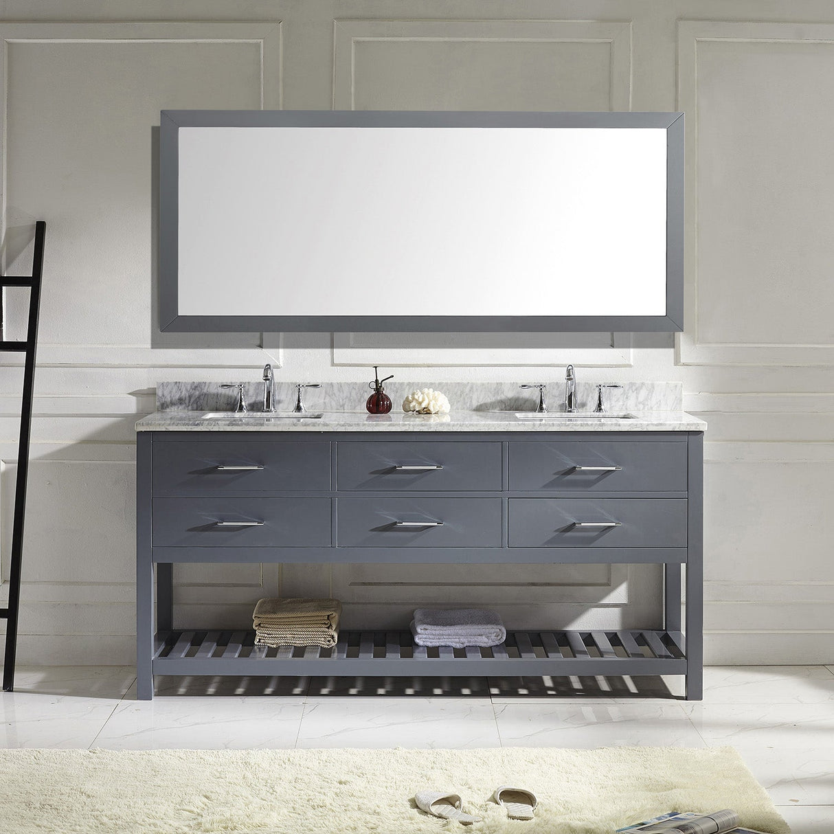 Virtu USA Caroline Estate 72" Double Bath Vanity with White Marble Top and Square Sinks with Polished Chrome Faucets with Matching Mirror