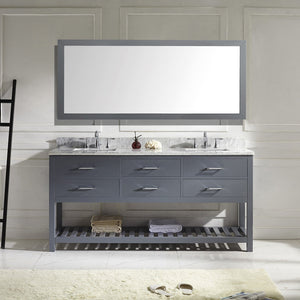Virtu USA Caroline Estate 72" Double Bath Vanity with White Marble Top and Square Sinks with Polished Chrome Faucets with Matching Mirror