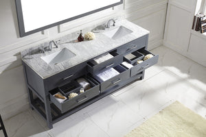 Virtu USA Caroline Estate 72" Double Bath Vanity with White Marble Top and Square Sinks with Polished Chrome Faucets with Matching Mirror