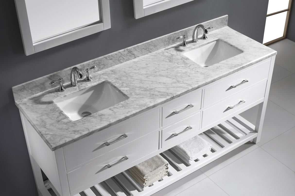 Virtu USA Caroline Estate 72" Double Bath Vanity with White Marble Top and Square Sinks with Brushed Nickel Faucets with Matching Mirrors