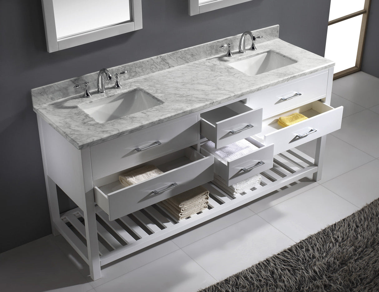 Virtu USA Caroline Estate 72" Double Bath Vanity with White Marble Top and Square Sinks with Brushed Nickel Faucets with Matching Mirrors