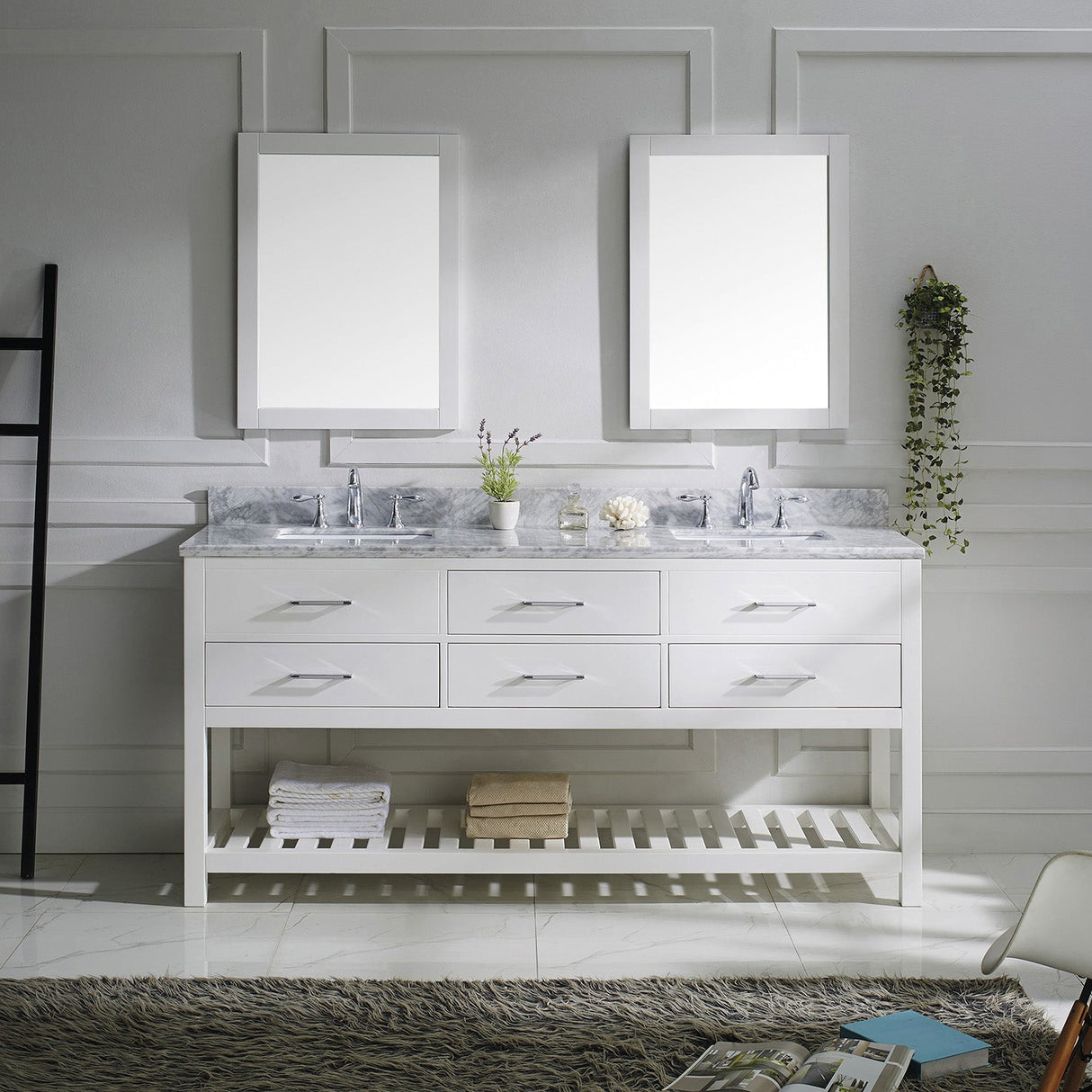 Virtu USA Caroline Estate 72" Double Bath Vanity with White Marble Top and Square Sinks with Polished Chrome Faucets with Matching Mirrors