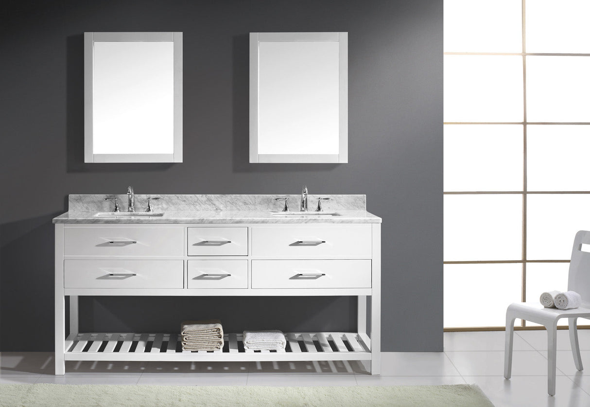 Virtu USA Caroline Estate 72" Double Bath Vanity with White Marble Top and Square Sinks with Polished Chrome Faucets with Matching Mirrors