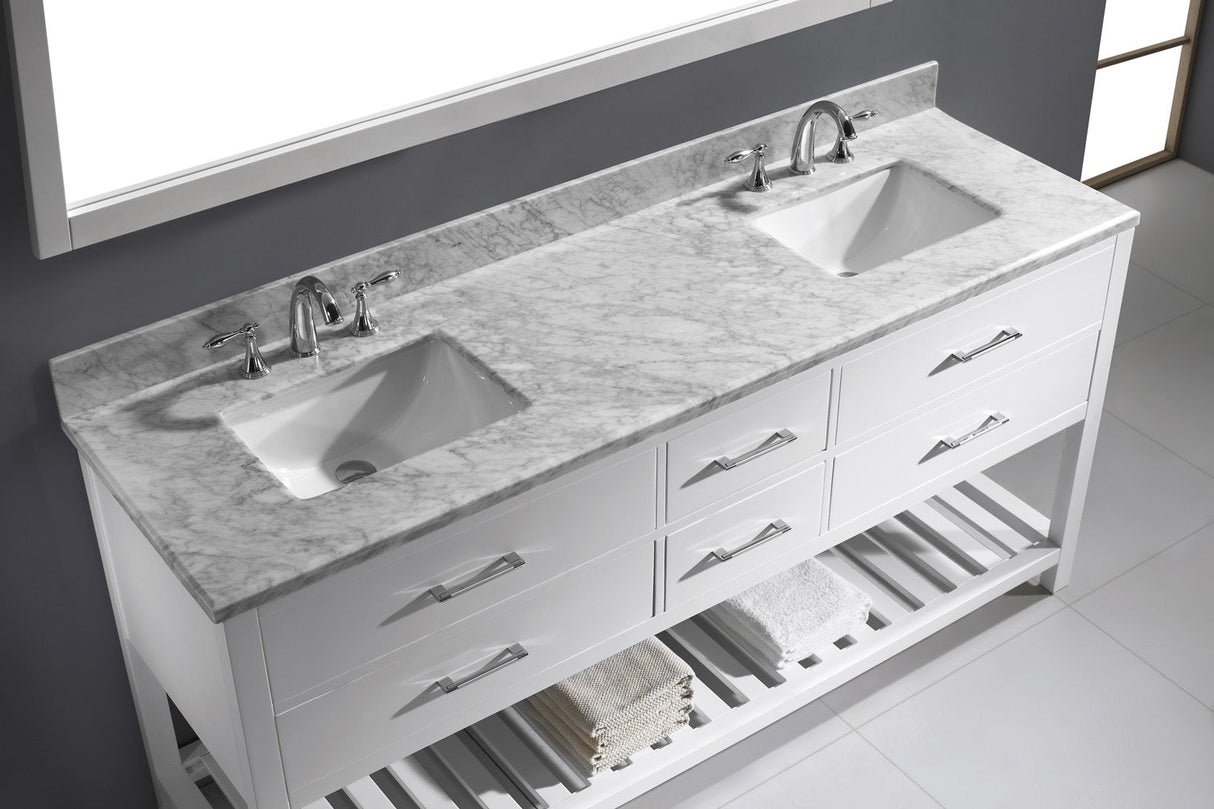 Virtu USA Caroline Estate 72" Double Bath Vanity with White Marble Top and Square Sinks with Brushed Nickel Faucets with Matching Mirror