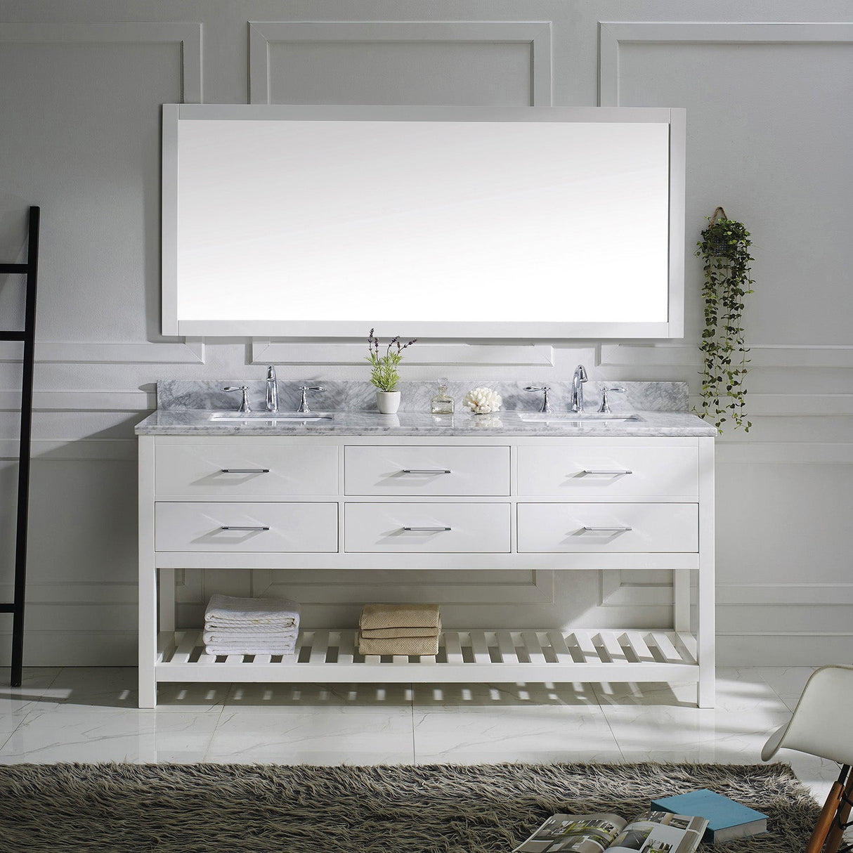 Virtu USA Caroline Estate 72" Double Bath Vanity with White Marble Top and Square Sinks with Polished Chrome Faucets with Matching Mirror