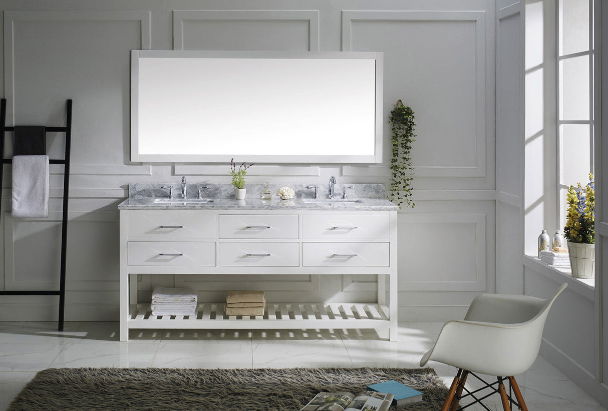 Virtu USA Caroline Estate 72" Double Bath Vanity with White Marble Top and Square Sinks with Polished Chrome Faucets with Matching Mirror