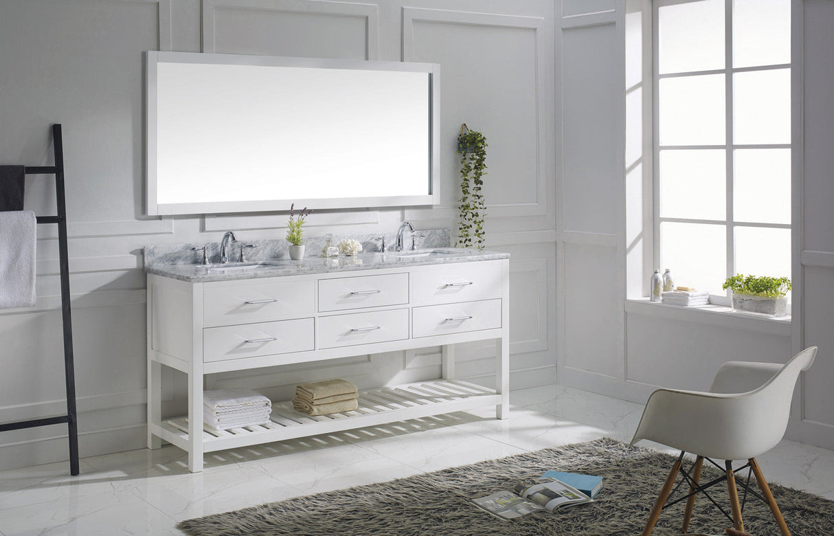 Virtu USA Caroline Estate 72" Double Bath Vanity with White Marble Top and Square Sinks with Polished Chrome Faucets with Matching Mirror