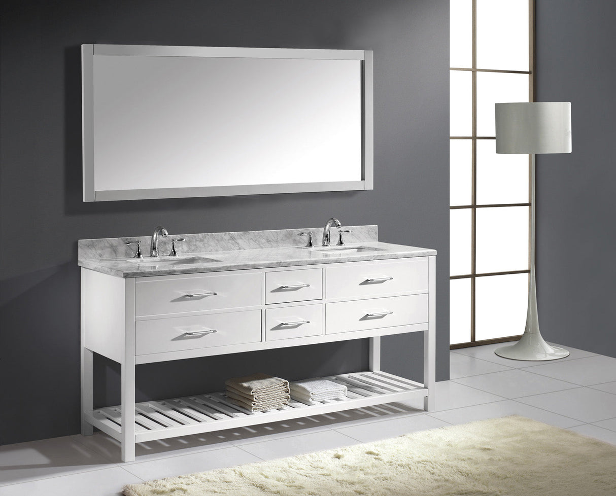 Virtu USA Caroline Estate 72" Double Bath Vanity with White Marble Top and Square Sinks with Polished Chrome Faucets with Matching Mirror