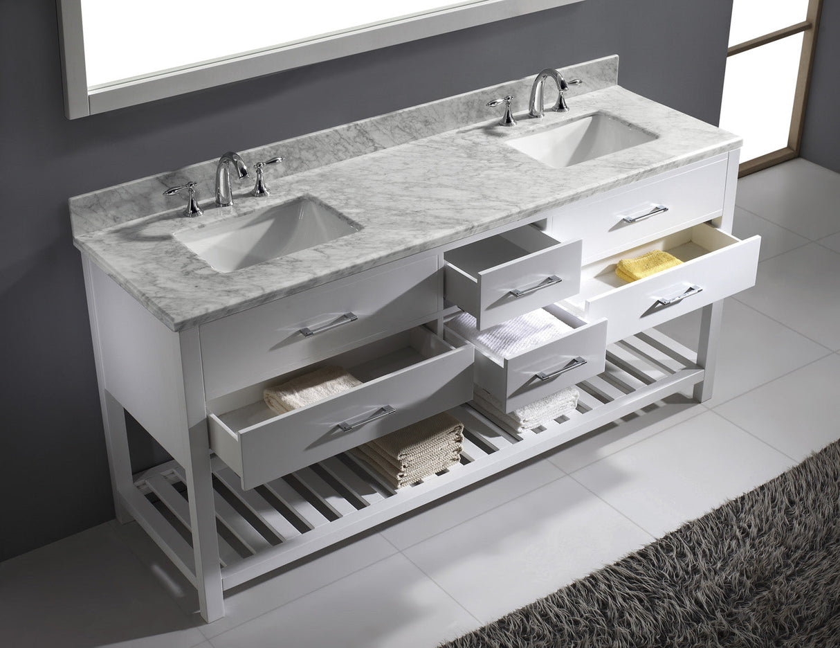 Virtu USA Caroline Estate 72" Double Bath Vanity with White Marble Top and Square Sinks with Polished Chrome Faucets with Matching Mirror