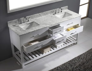 Virtu USA Caroline Estate 72" Double Bath Vanity with White Marble Top and Square Sinks with Polished Chrome Faucets with Matching Mirror
