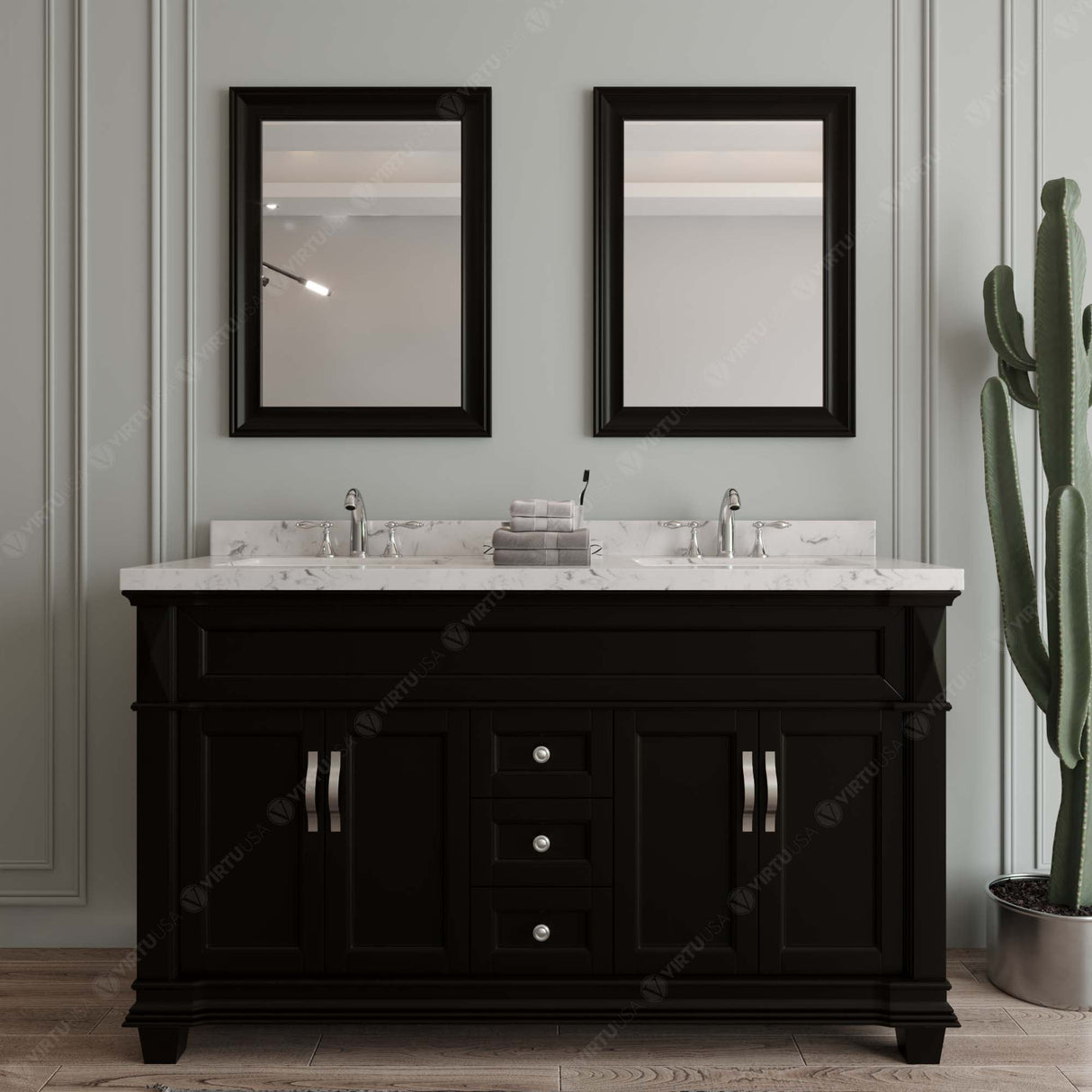 Virtu USA Victoria 60" Double Bath Vanity with White Quartz Top and Round Sinks with Polished Chrome Faucets with Matching Mirror