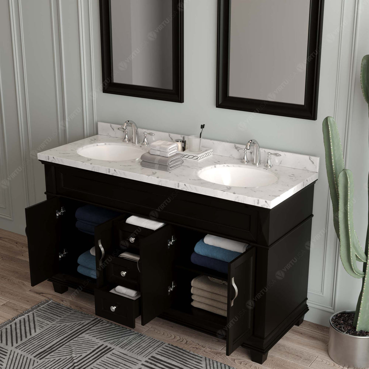 Virtu USA Victoria 60" Double Bath Vanity with White Quartz Top and Round Sinks with Polished Chrome Faucets with Matching Mirror