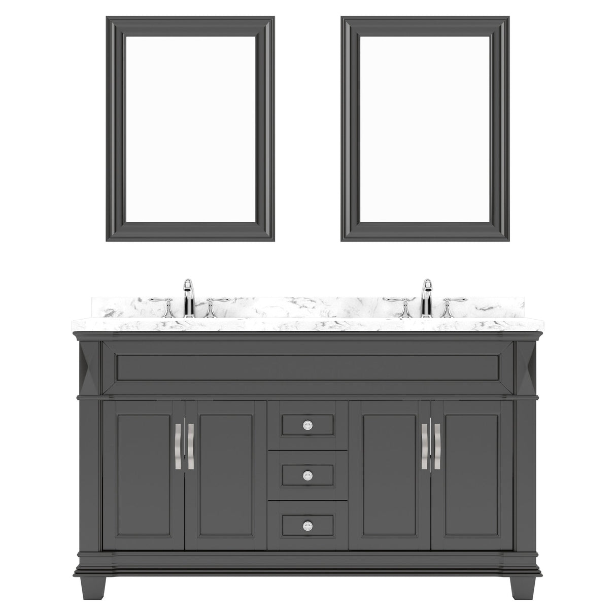 Virtu USA Victoria 60" Double Bath Vanity with White Quartz Top and Round Sinks with Polished Chrome Faucets with Matching Mirror - Luxe Bathroom Vanities