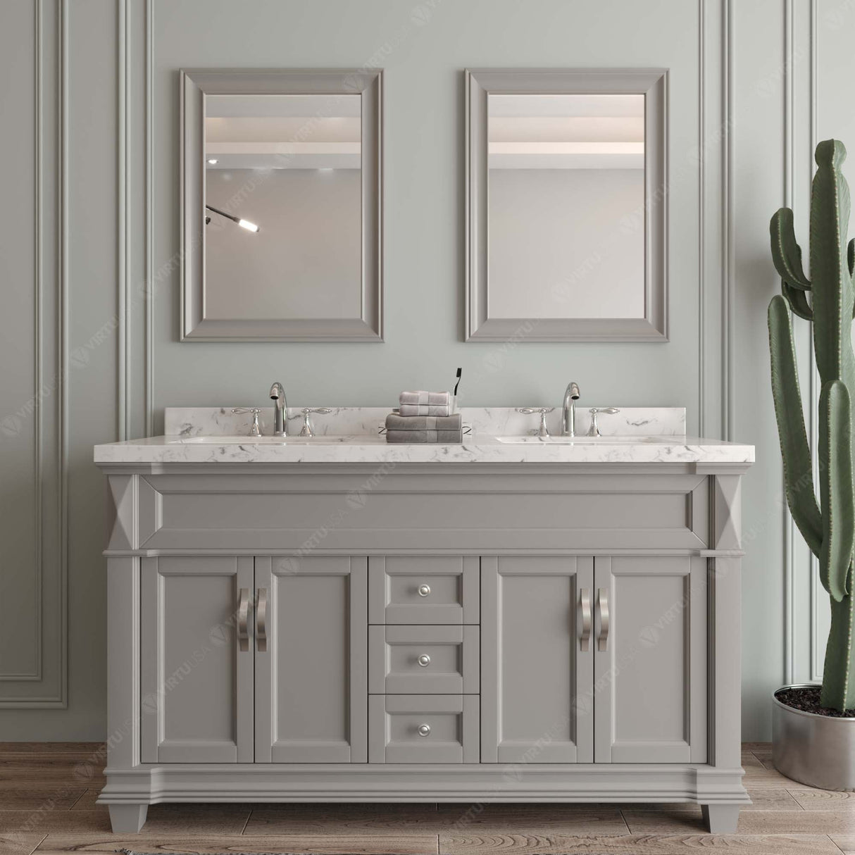 Virtu USA Victoria 60" Double Bath Vanity with White Quartz Top and Round Sinks with Brushed Nickel Faucets with Matching Mirror