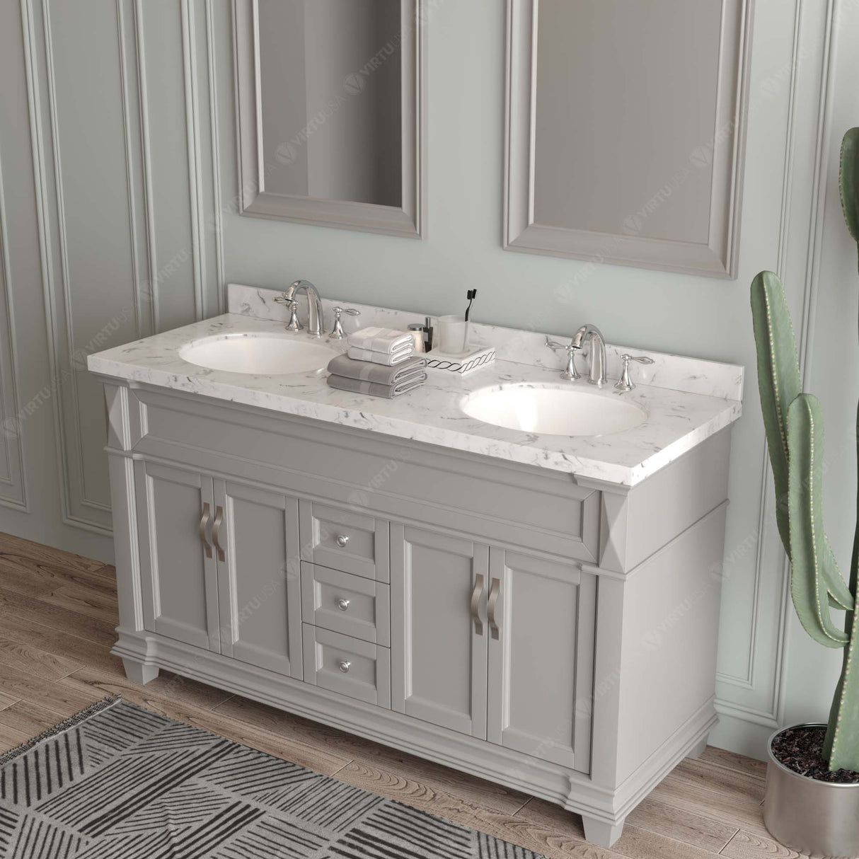 Virtu USA Victoria 60" Double Bath Vanity with White Quartz Top and Round Sinks with Polished Chrome Faucets with Matching Mirror