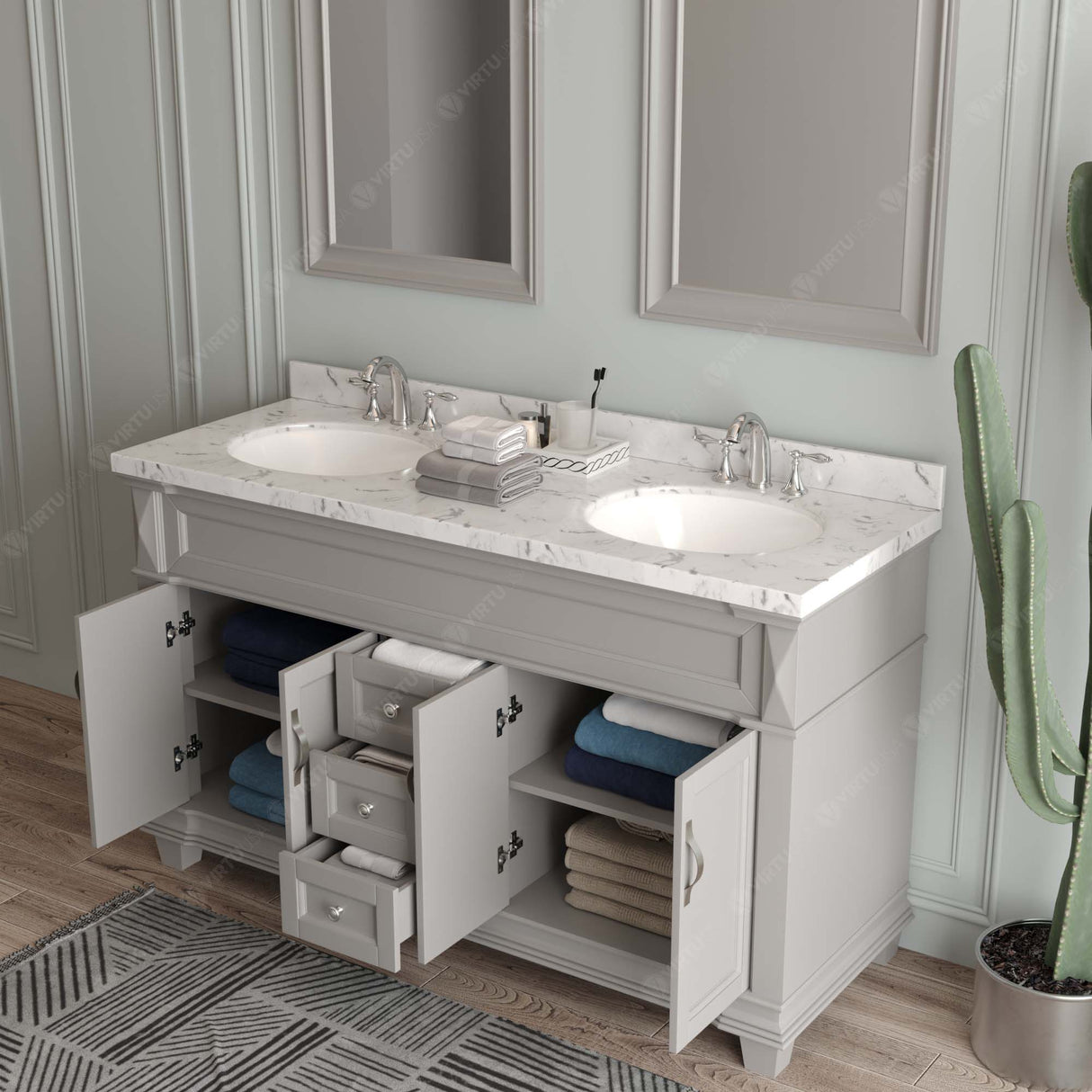 Virtu USA Victoria 60" Double Bath Vanity with White Quartz Top and Round Sinks with Brushed Nickel Faucets with Matching Mirror