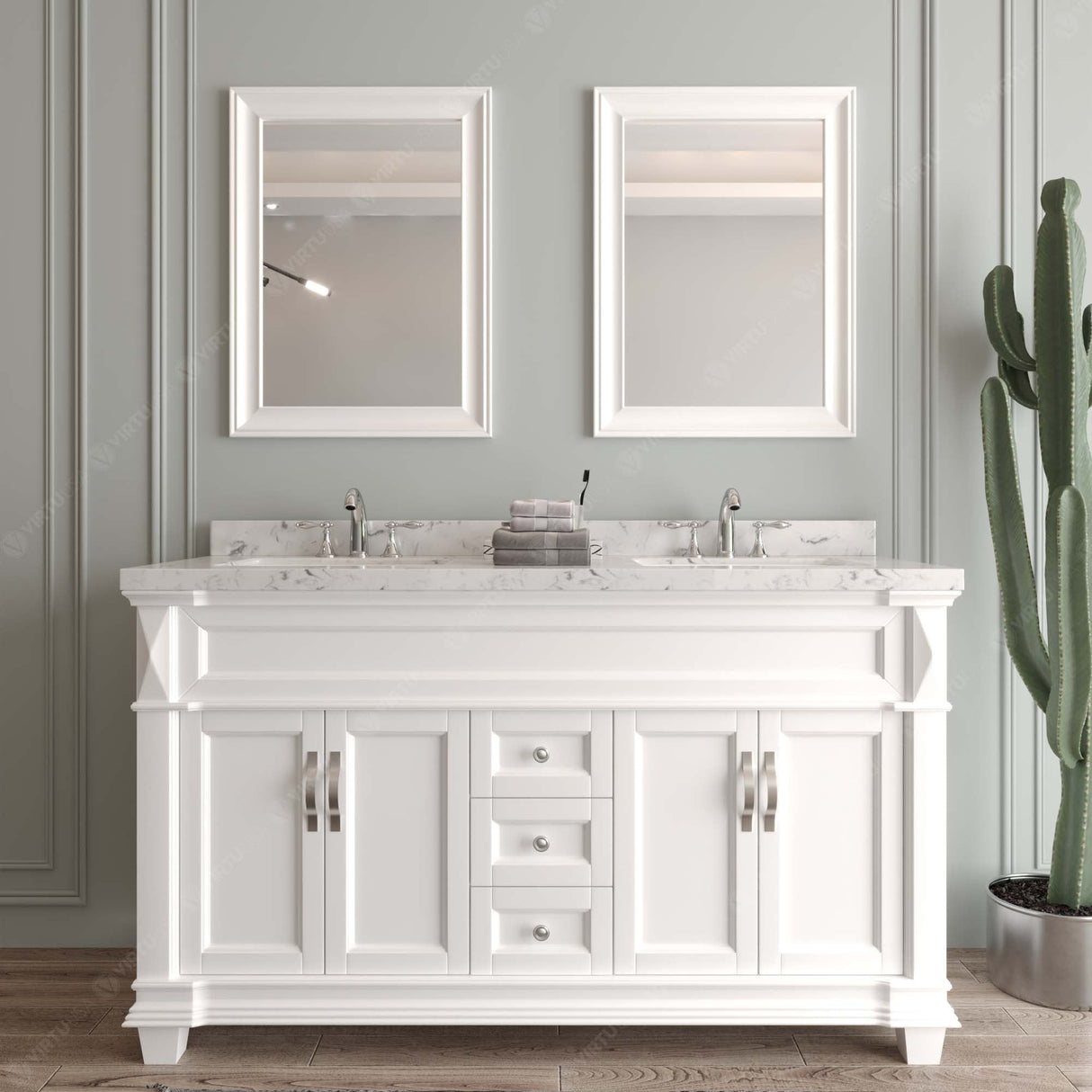 Virtu USA Victoria 60" Double Bath Vanity with White Quartz Top and Round Sinks with Brushed Nickel Faucets with Matching Mirror