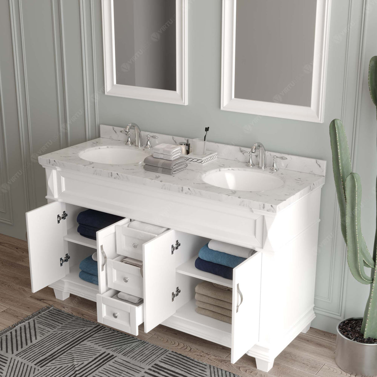 Virtu USA Victoria 60" Double Bath Vanity with White Quartz Top and Round Sinks with Polished Chrome Faucets with Matching Mirror