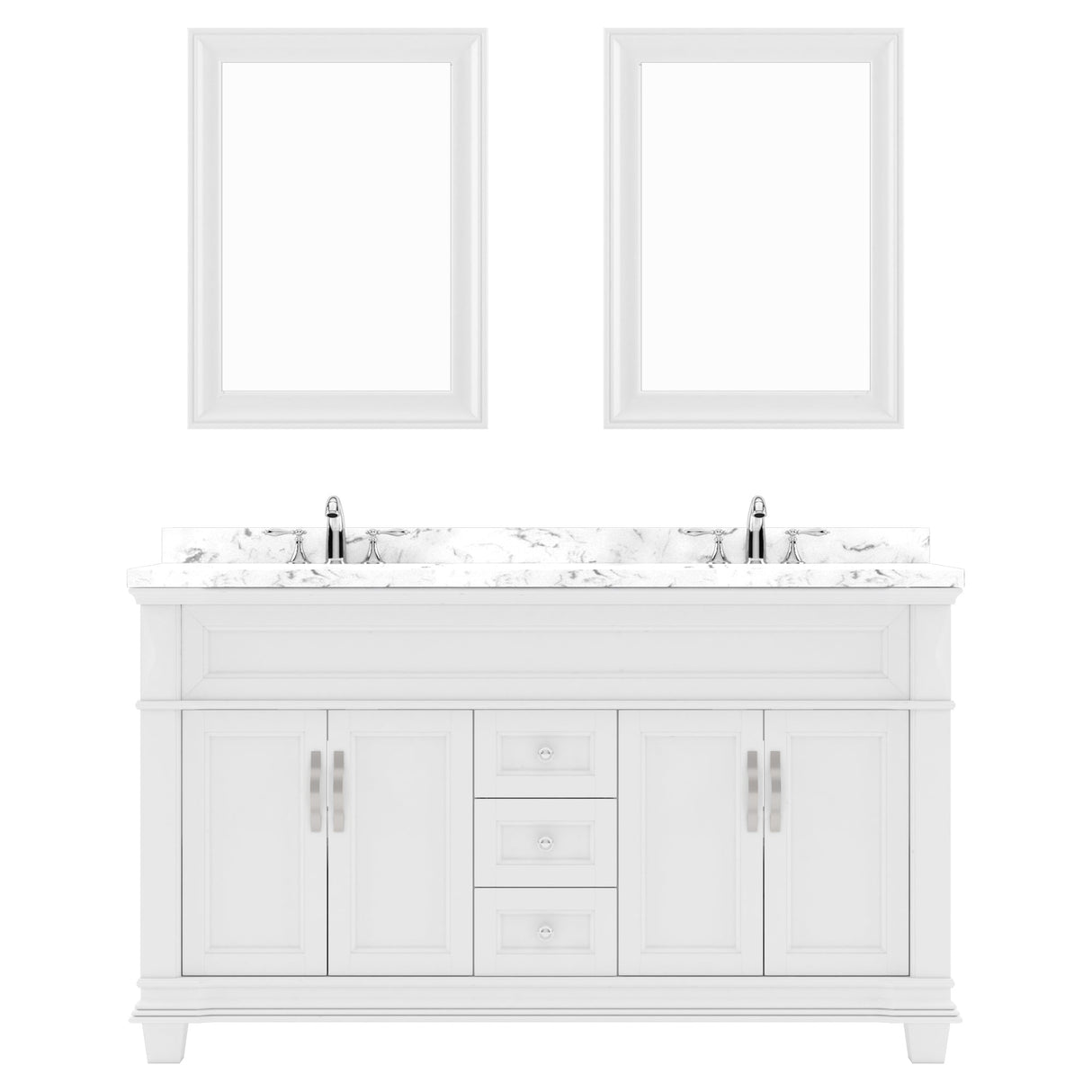 Virtu USA Victoria 60" Double Bath Vanity with White Quartz Top and Round Sinks with Polished Chrome Faucets with Matching Mirror - Luxe Bathroom Vanities