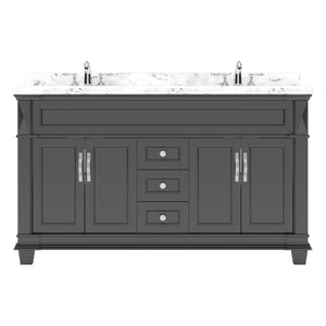 Virtu USA Victoria 60" Double Bath Vanity with Cultured White Quartz Top and Round Sinks with Polished Chrome Faucets with Matching Mirror