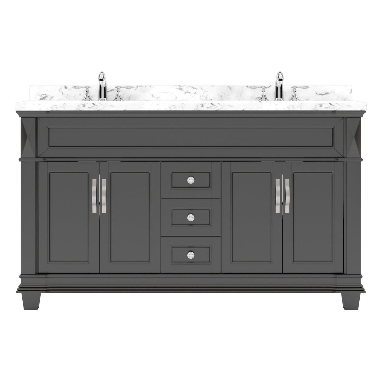 Virtu USA Victoria 60" Double Bath Vanity with Cultured Marble White Top and Round Sinks with Brushed Nickel Faucets with Matching Mirror
