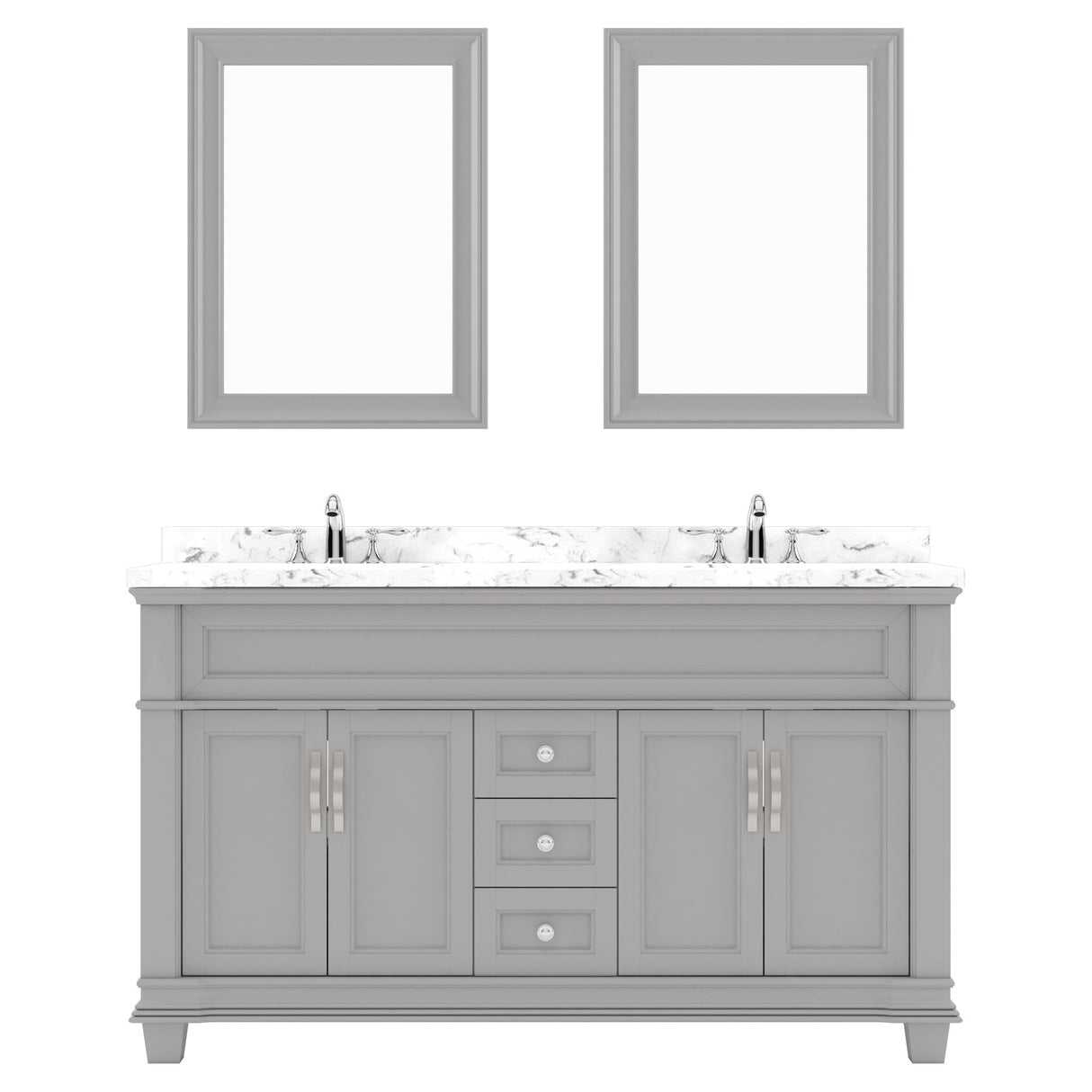 Virtu USA Victoria 60" Double Bath Vanity with Cultured Marble White Top and Round Sinks with Brushed Nickel Faucets with Matching Mirror - Luxe Bathroom Vanities