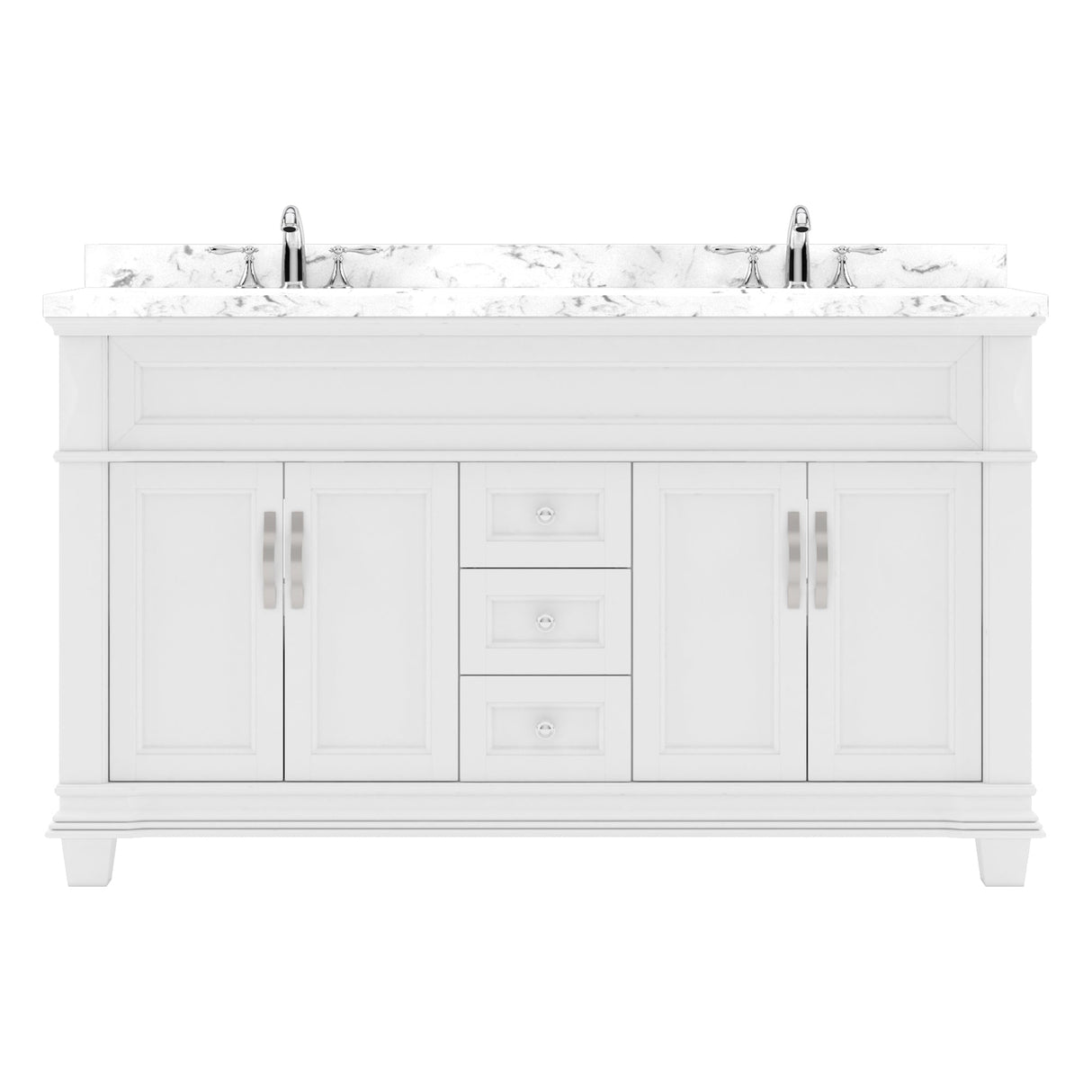 Virtu USA Victoria 60" Double Bath Vanity with Cultured Marble White Top and Round Sinks with Brushed Nickel Faucets with Matching Mirror