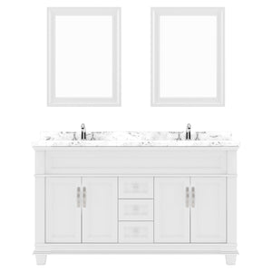Virtu USA Victoria 60" Double Bath Vanity with Cultured White Quartz Top and Round Sinks with Polished Chrome Faucets with Matching Mirror - Luxe Bathroom Vanities