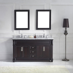 Virtu USA Victoria 60" Double Bath Vanity with White Marble Top and Round Sinks with Polished Chrome Faucets with Matching Mirror