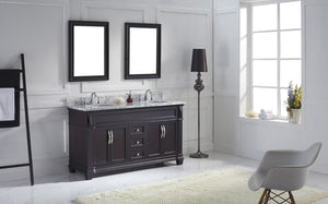 Virtu USA Victoria 60" Double Bath Vanity with White Marble Top and Round Sinks with Polished Chrome Faucets with Matching Mirror