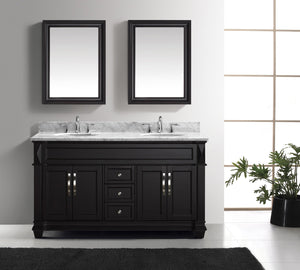 Virtu USA Victoria 60" Double Bath Vanity with White Marble Top and Round Sinks with Polished Chrome Faucets with Matching Mirror