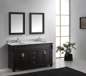 Virtu USA Victoria 60" Double Bath Vanity with White Marble Top and Round Sinks with Polished Chrome Faucets with Matching Mirror