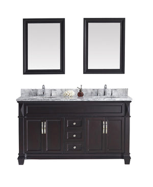 Virtu USA Victoria 60" Double Bath Vanity with White Marble Top and Round Sinks with Polished Chrome Faucets with Matching Mirror