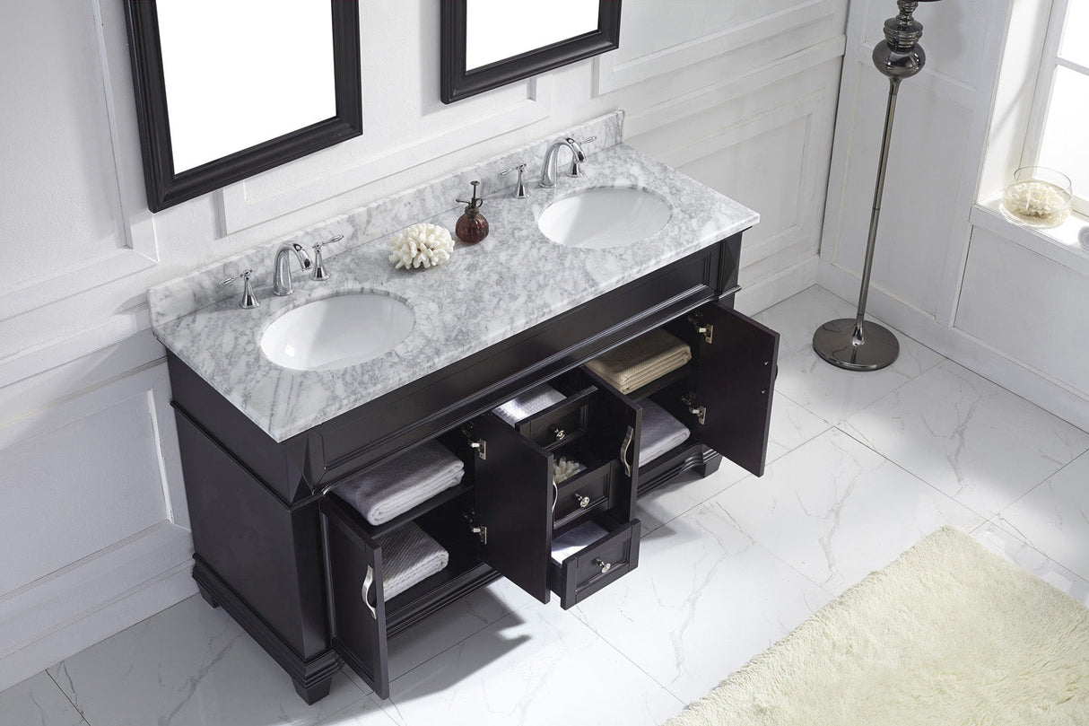 Virtu USA Victoria 60" Double Bath Vanity with White Marble Top and Round Sinks with Matching Mirror