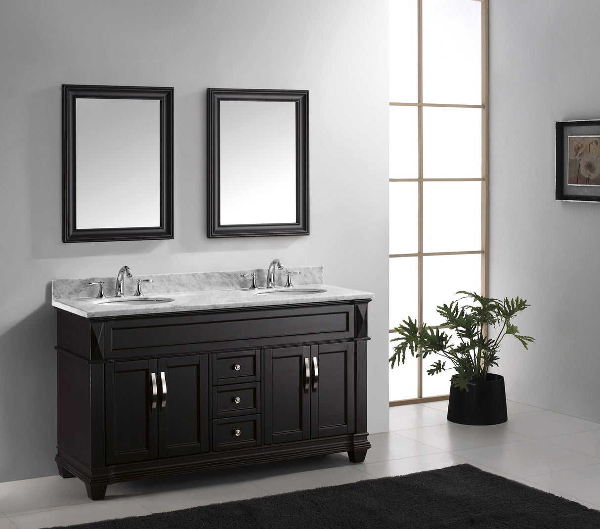 Virtu USA Victoria 60" Double Bath Vanity with White Marble Top and Round Sinks with Matching Mirror