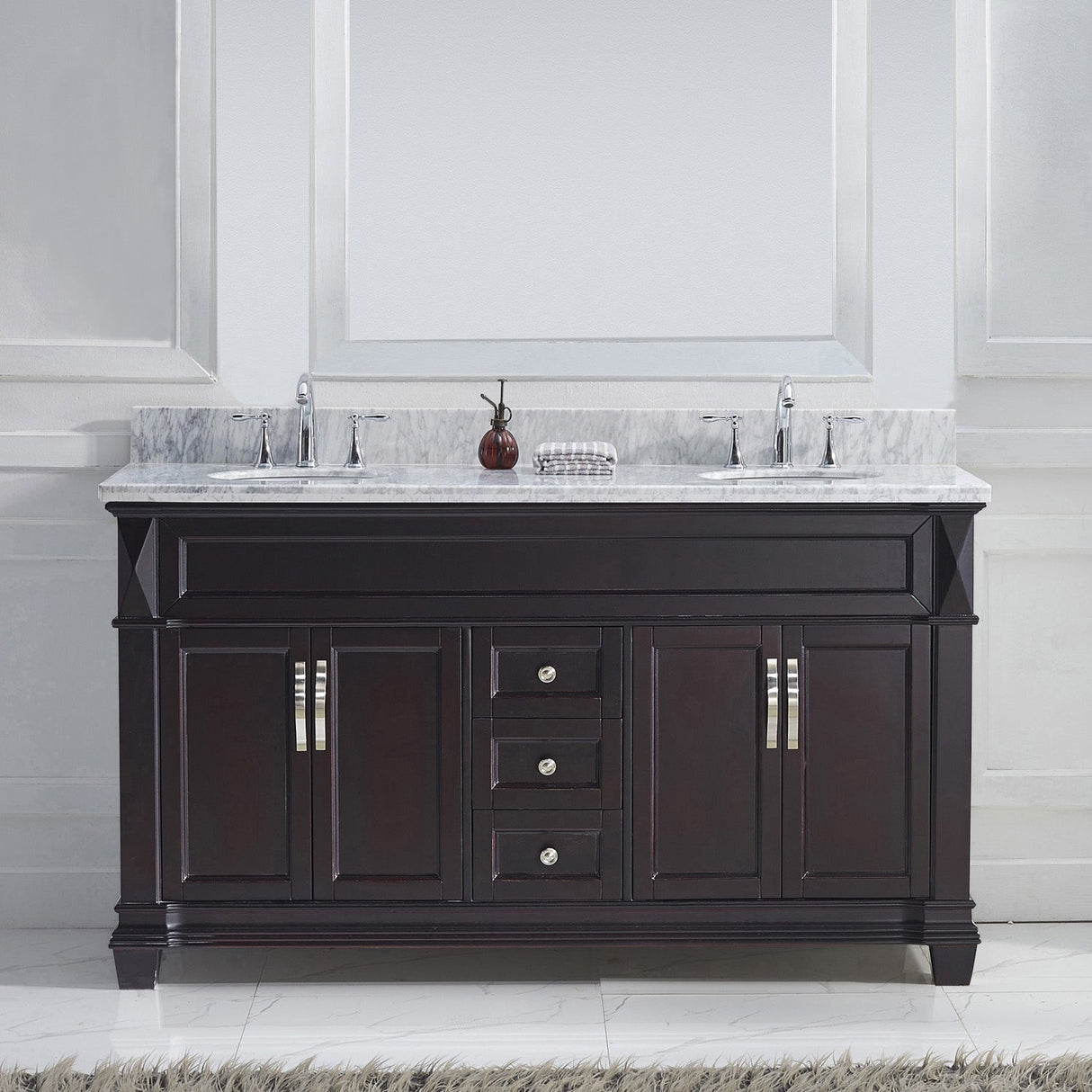 Virtu USA Victoria 60" Double Bath Vanity with White Marble Top and Round Sinks