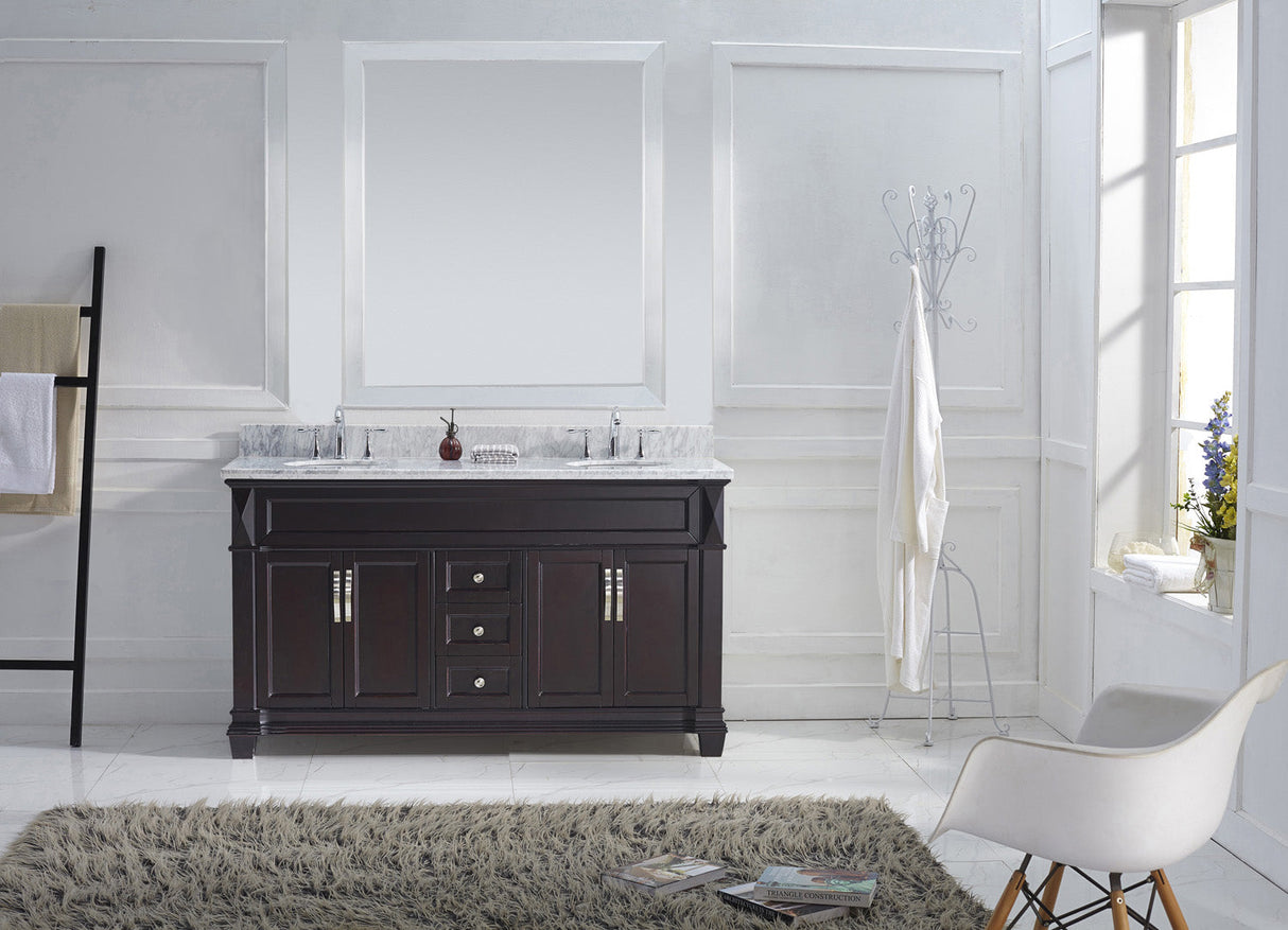 Virtu USA Victoria 60" Double Bath Vanity with White Marble Top and Round Sinks