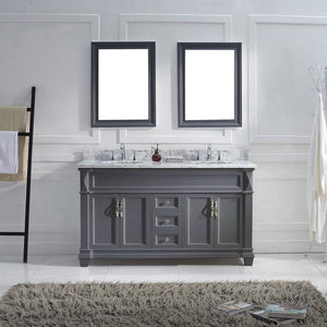 Virtu USA Victoria 60" Double Bath Vanity with White Marble Top and Round Sinks with Polished Chrome Faucets with Matching Mirror