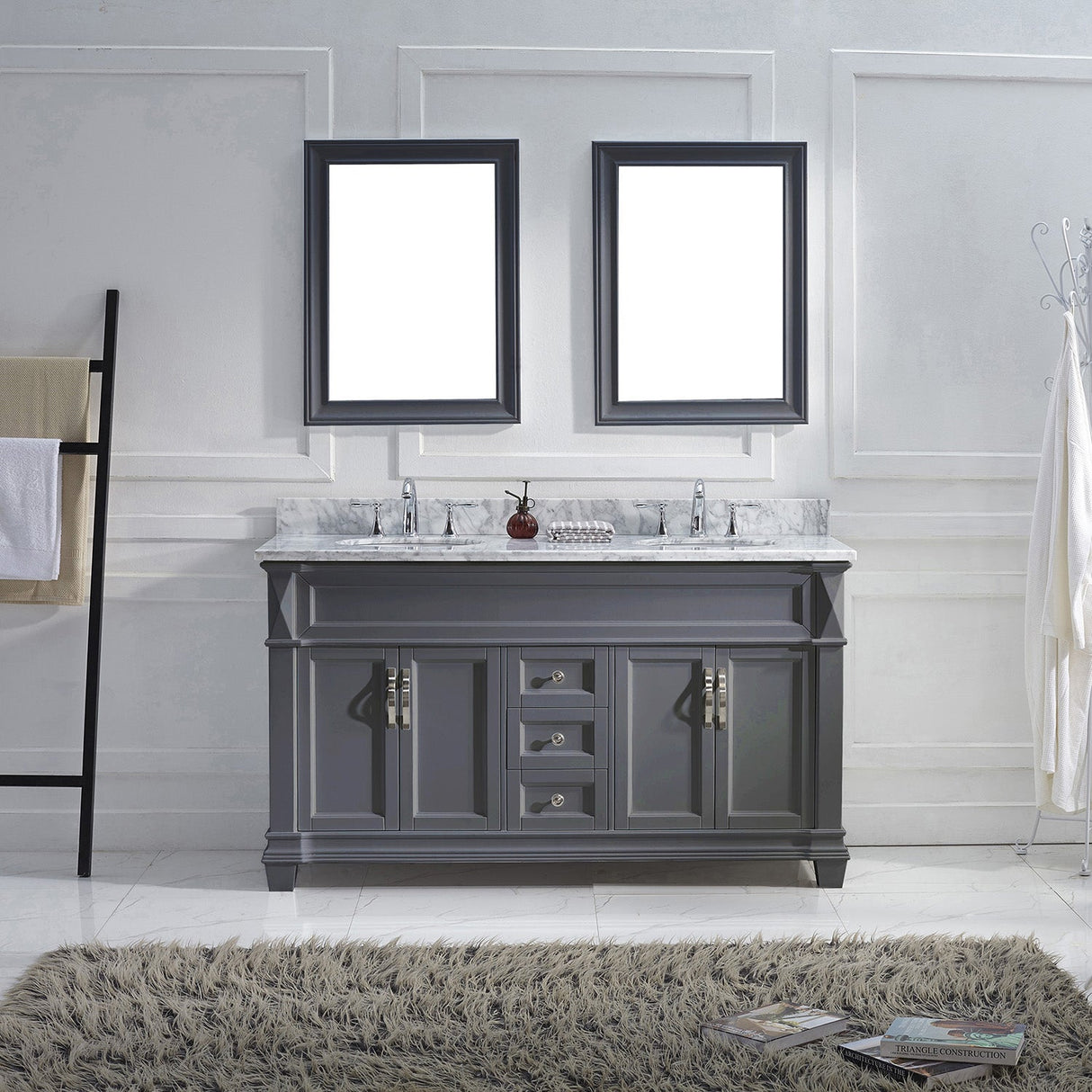 Virtu USA Victoria 60" Double Bath Vanity with White Marble Top and Round Sinks with Matching Mirror